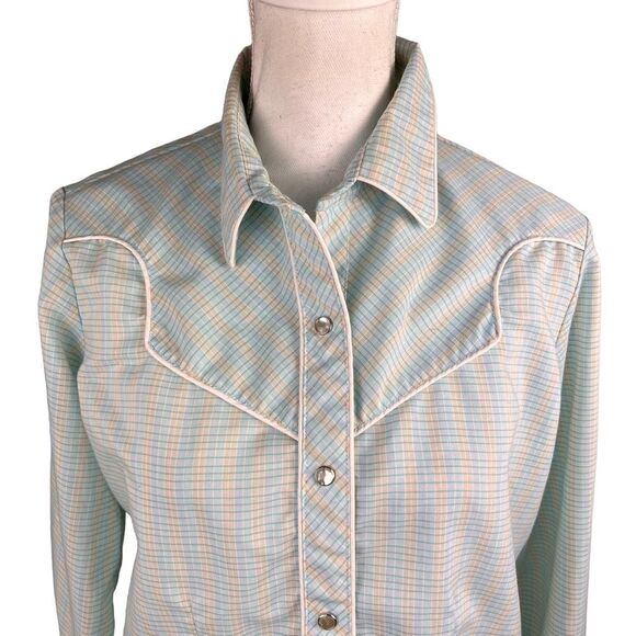 Vintage Avante West Plaid Western Shirt Sz 15/16 Pearl Snap Buttons Aqua Blue - Picture 6 of 11